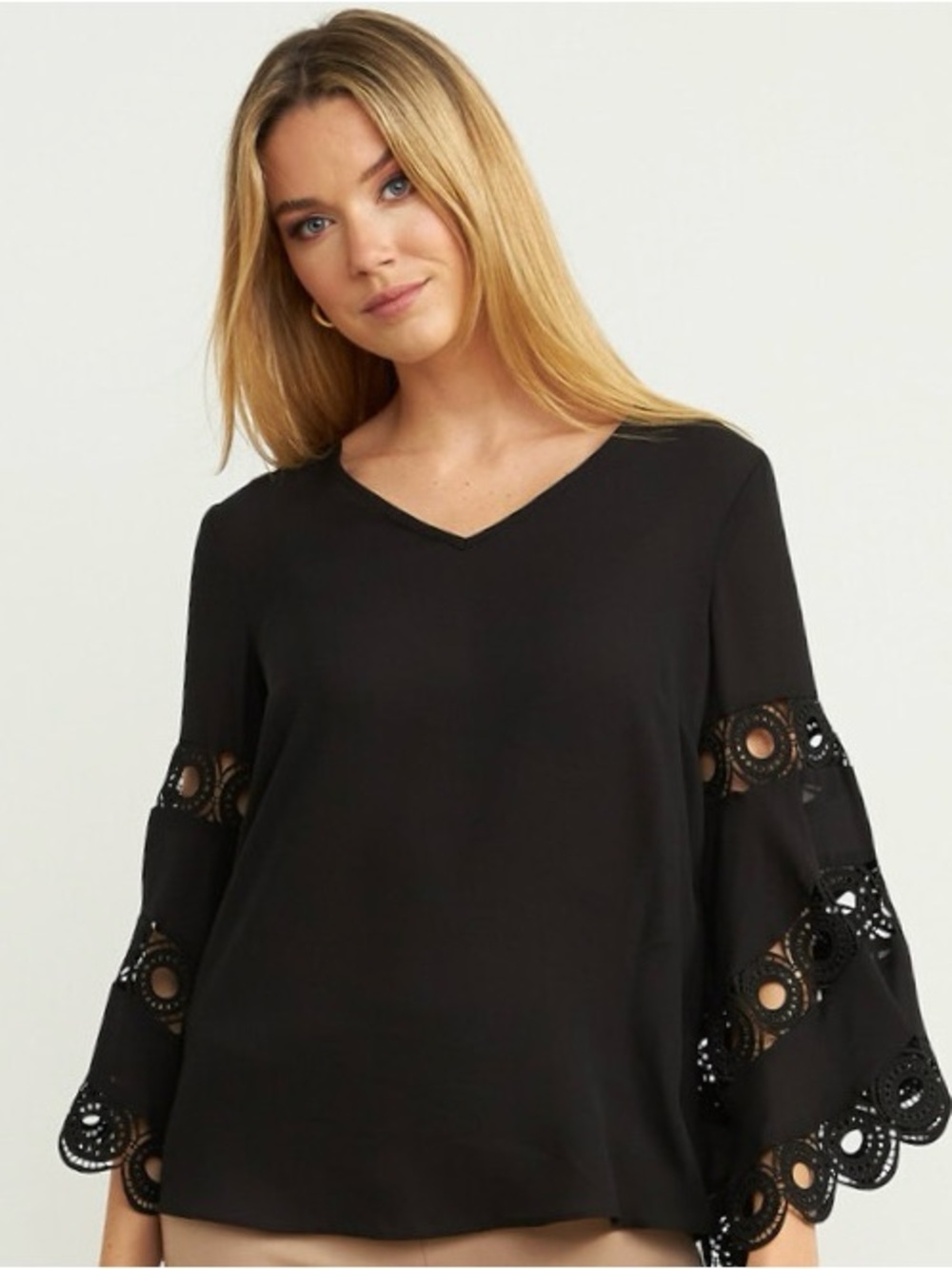 Joseph Ribkoff Stunning Black V-Neck Bell Sleeve Blouse with Eyelet Trim. NWT,18